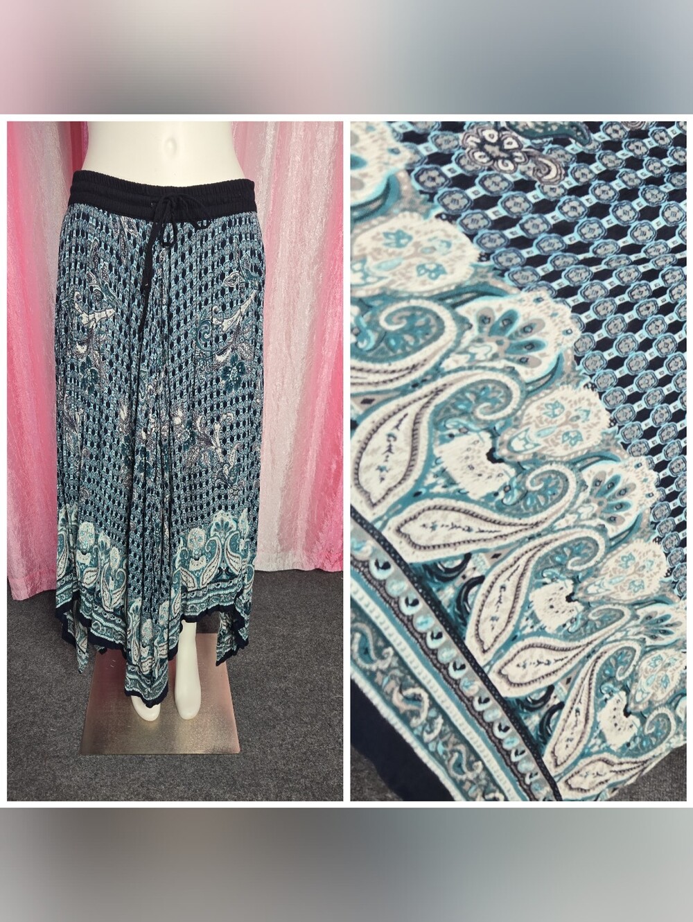 Silver Stream Vintage Blue Floral Paisley Handkerchief Lined Skirt One Size